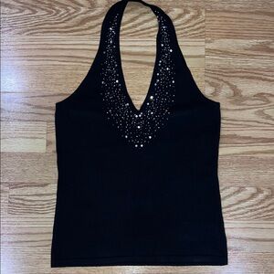 New York & Company Black Halter Top with Embellishments